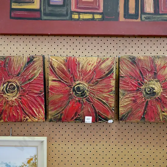 illegible signature -  mixed media on boxed canvas triptych  - flowers Each H-0250 W-250
