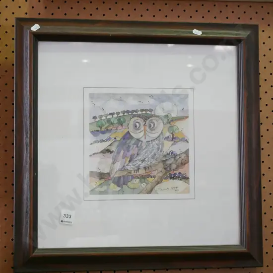 framed ink and watercolour - owl