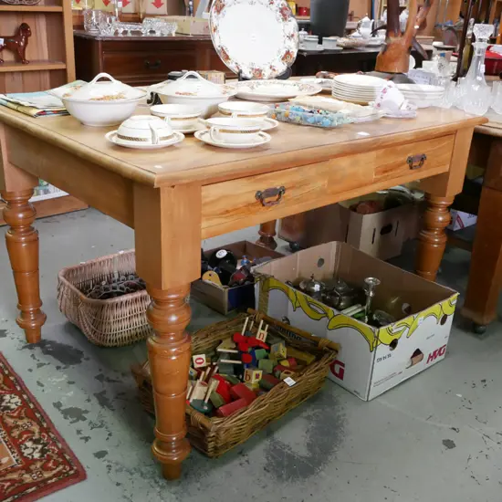 solid pine turned leg 2 drawer kitchen table - some stains and marks to top