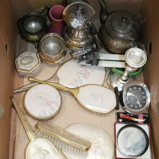 box; plated teapot, coffee pot, alarm clock etc