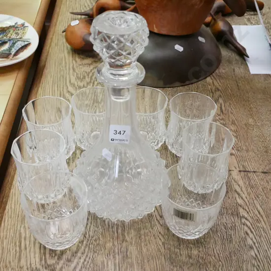 stoppered decanter and 6 whisky tumblers and 2 other crystal tumblers