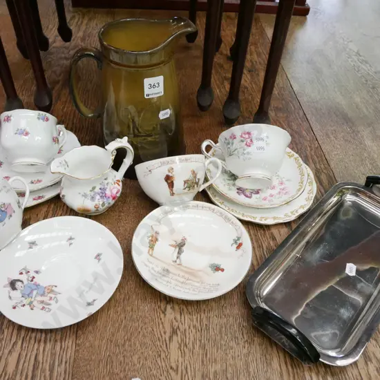 Vista Ware jug, trios, cups, Royal Crown Derby creamer