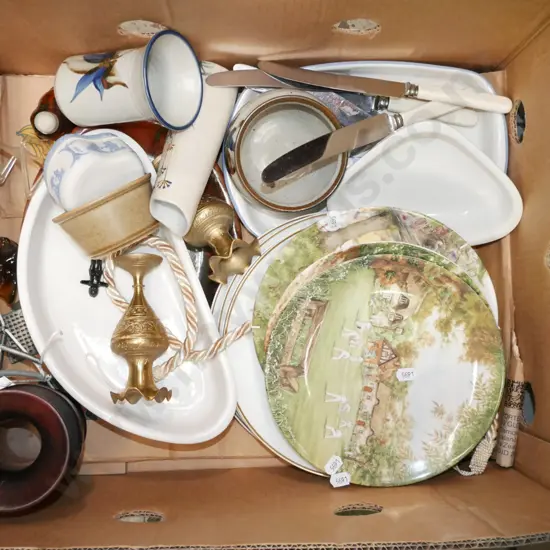 box; Wedgwood village green plates, baking dishes, brass vases etc