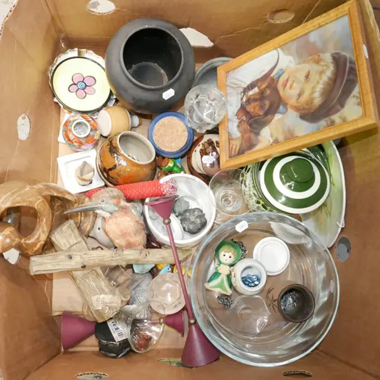 box; glass bowls, lidded containers, print etc