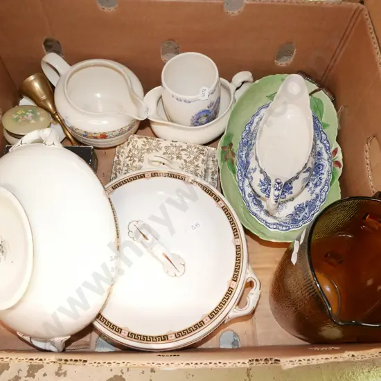 box; amber glass water jug, Wedgwood veges, donation cup etc