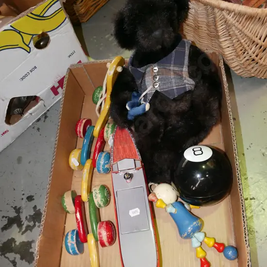 box; teddy bear, toy tin boat etc