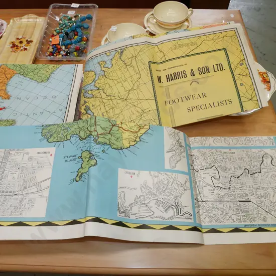 2 retro maps - Harris & Son Footwear Dunedin map of Europe and CR Sanders Christchurch NZ South Island map