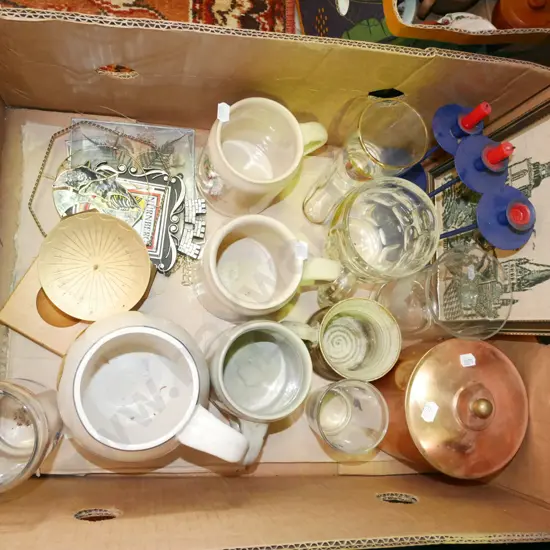 box; beer mugs, ice bucket, framed needlework etc