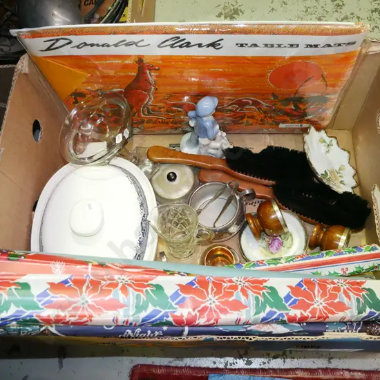 box; figurines, retro Italian table mats, wrapping paper etc