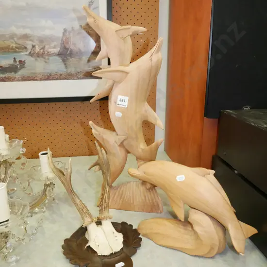 carved wooden dolphin figurines H-500 - tallest has had repair, set of small animal horns