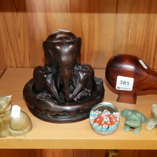 animal figurines, art glass paper weight