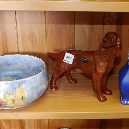 Grimwades bowl, blue and white vase, Coopercraft dog figurine