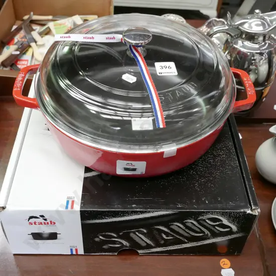 as-new Staub cast iron and enamel pan with glass lid with original box