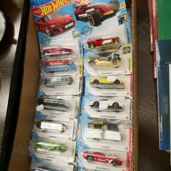 box of carded as-new Hotwheels