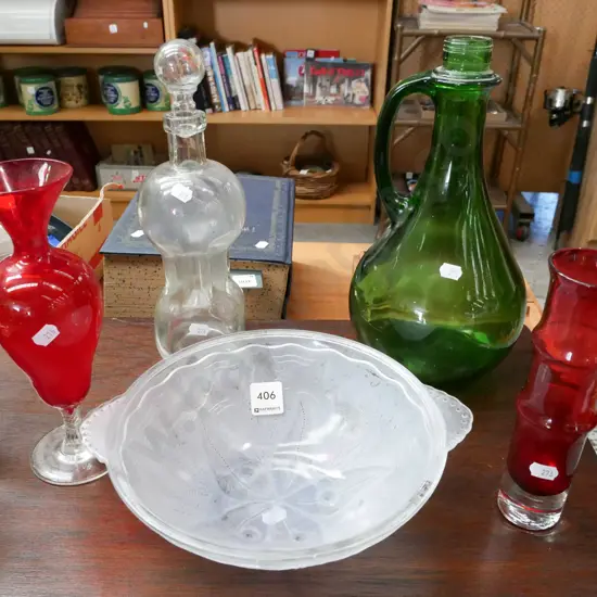 red glass vase, goblet, seascape bowl etc