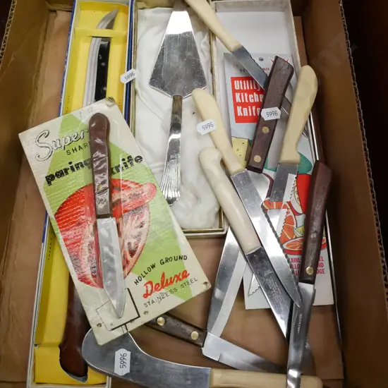 box; carving knife, plates etc