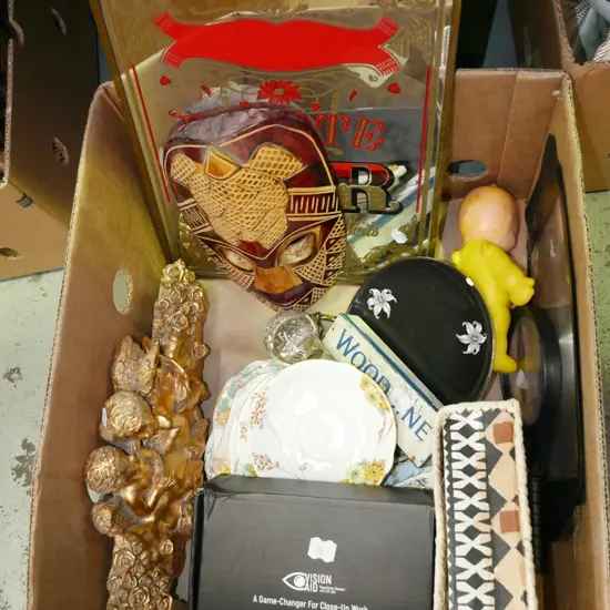 box; private bar mirror print, wooden mask, gilt golden angel wall art etc