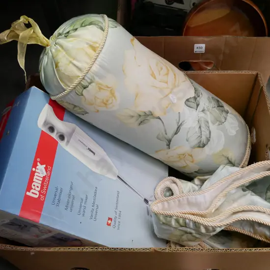 box; yellow rose bolster and cushions, Barmix stick blender
