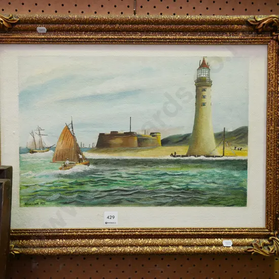 gilt framed oil - sailing boats and lighthouse