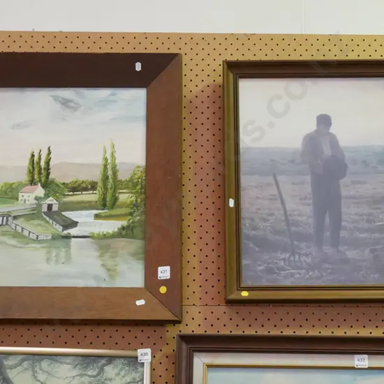 framed oil - pond and farmhousse, framed print - couple in field - yellow dots