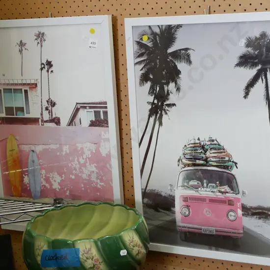 2x framed poster prints - surfboards, kombi