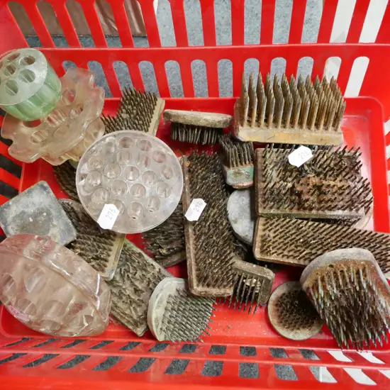 box; glass flower frogs etc