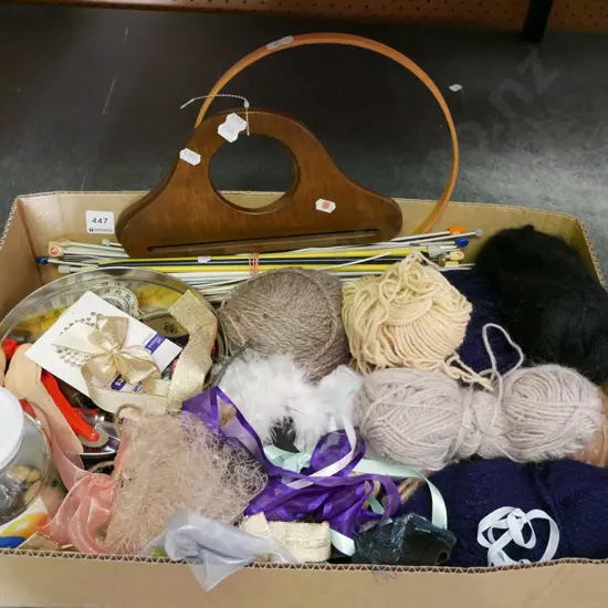 box; knitting yarn, needles, ribbons etc