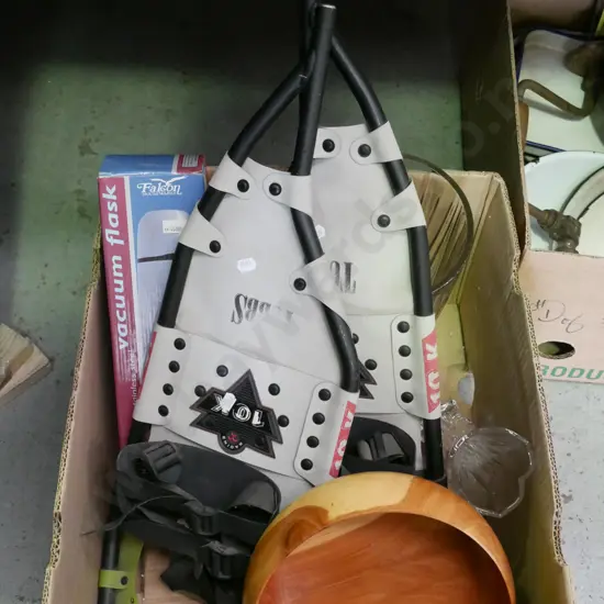 box; glass vases, wooden bowl, thermos, snow shoes