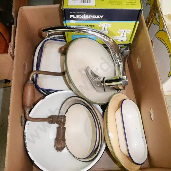 box; enamel bowls, plumbing hardware, auger bit