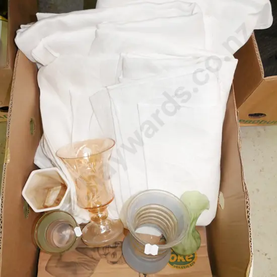 box; Irish linen tablecloths, 5x vases
