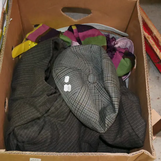box; scarves, ties, gents woollen suit etc