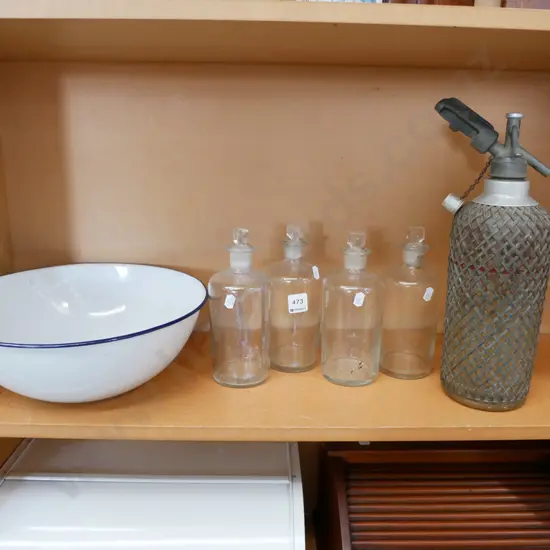 soda syphon enamel bowl, 4x chemist bottles