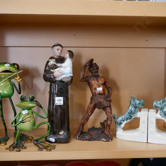 shelf various figurines, 2x Scottie dog book ends - repairs