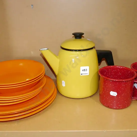 enamel coffee pot, yellow plastic plate, bowl etc