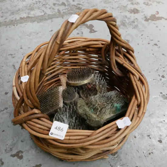 cane basket, vintage metal flower arranging frogs