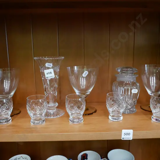 small crystal tumblers, wine glasses, vases, lidded canister