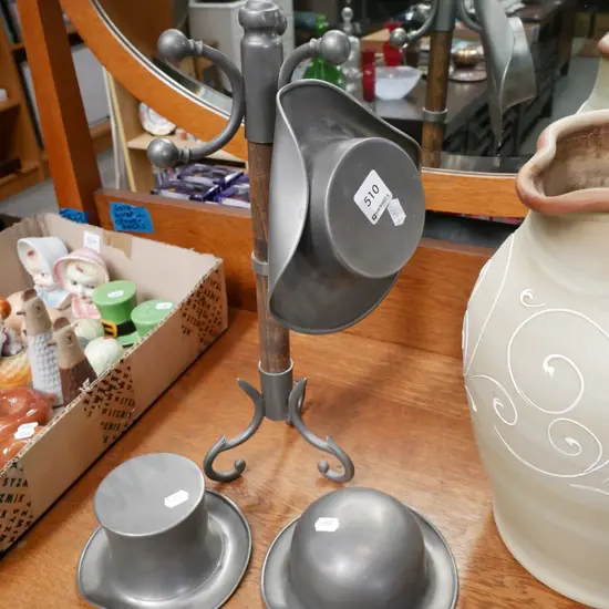 pewter and wood hat stand with 3 pewter hat type bowls H-400