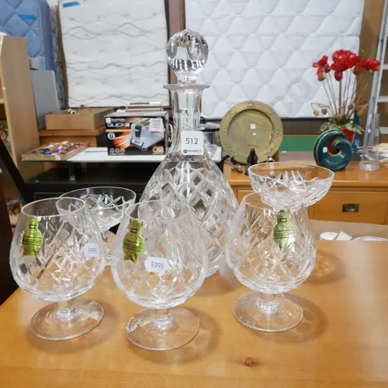Webb Corbett decanter with 3 matching goblets and 2 other glasses