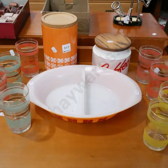 storage canisters, coloured glass tumblers, retro baking dish