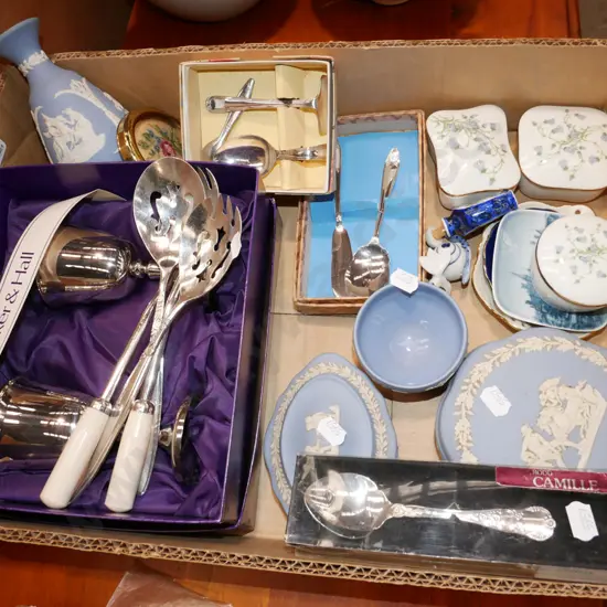 box; goblets, salad tongs, jasper ware items etc