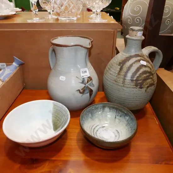2x studio pottery bowls, water jug, stoppered jug