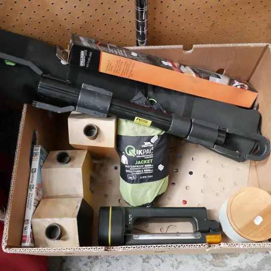 box; puzzler's felt, wooden candlesticks, bbq hot plate liner, car bike rack beam