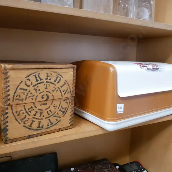 small tea crate, plastic bread bin