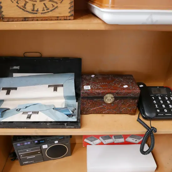 Lodge Regalia, small carved camphorwood chest, push button phone