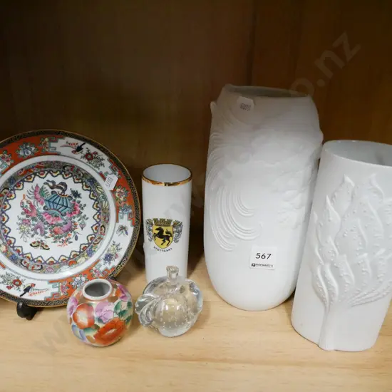 shelf; vases, cabinet plate, glass paperweight
