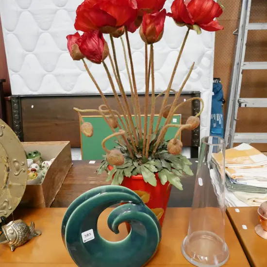 faux flowers in hand painted planter, koru ceramic glass vase