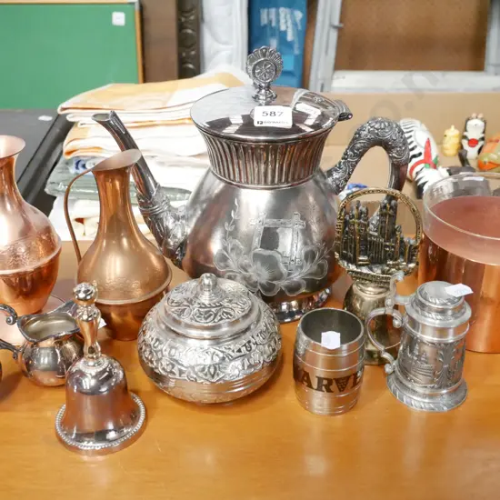 plated ware, copper items, brass bell