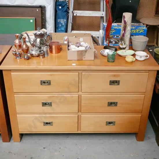 solid rimu 6 drawer low boy with brass campaign handles - some wear to surface