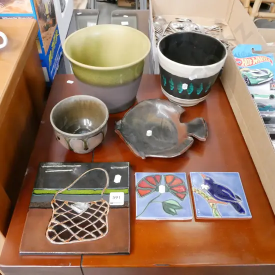 art tiles, German pottery jardinieres, studio pottery bowl etc