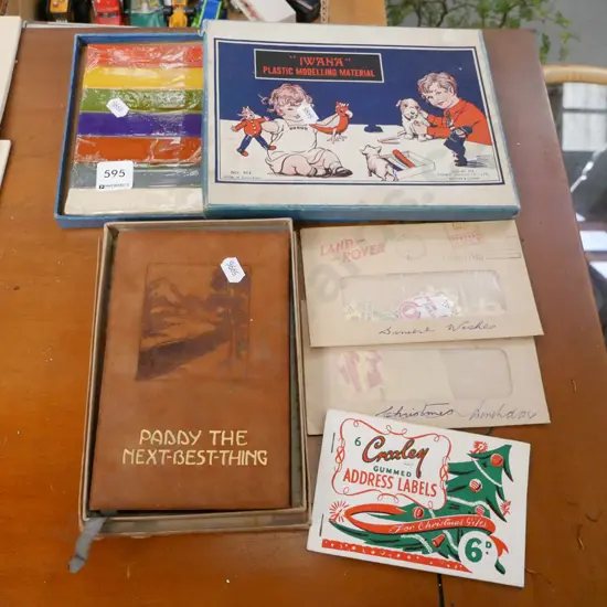 vintage plasticine, leather bound book, stamps, labels